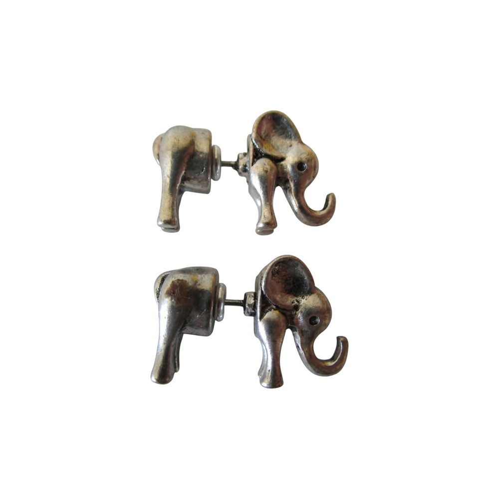 Elephant Fake False Gauge Stud Earrings Head Tail Unique 3D Silver Tone